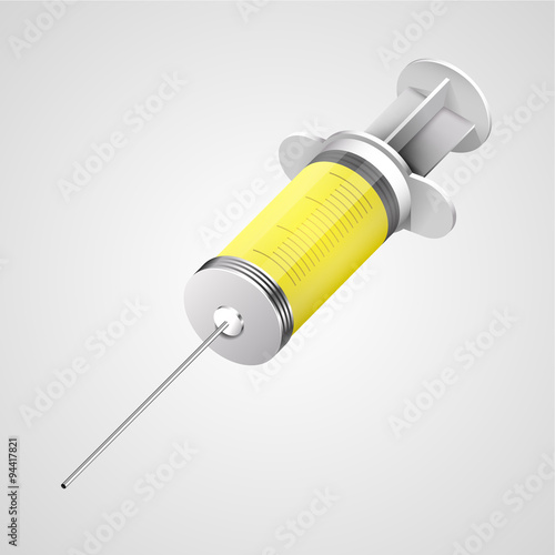 Medical syringe filled with yellow fluid. Clean vector