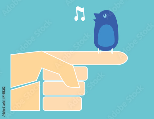 A small blue bird perched on the index finger of a human hand tweets a musical note