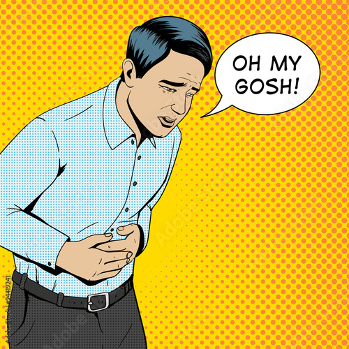 Man suffering stomach pain pop art retro vector