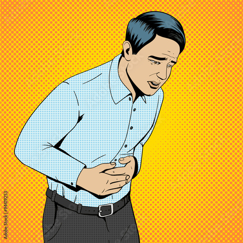 Man suffering stomach pain pop art retro vector