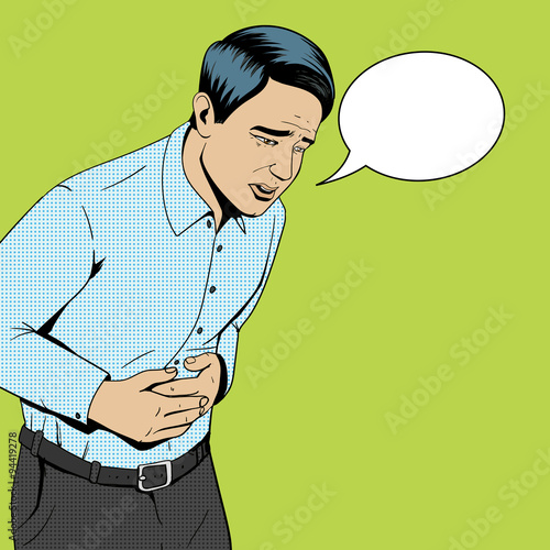 Man suffering stomach pain pop art retro vector