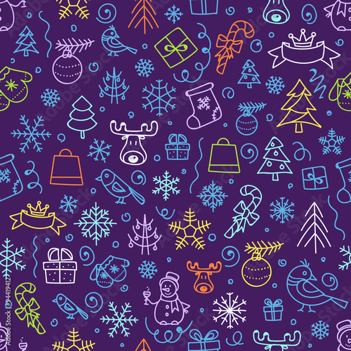 Christmas season vector seamless pattern. Xmas hand-drawn color
