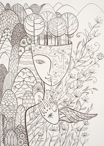 Vector contour illustration of the goddess of Mother Nature