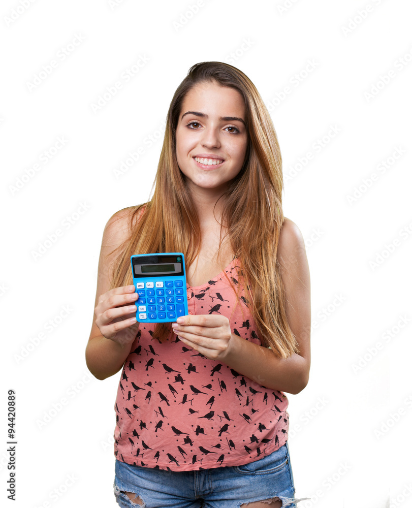 young student holdign a calculator on white background