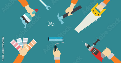 carpenter tools construction tool repair hands saw screw driver flat illustration