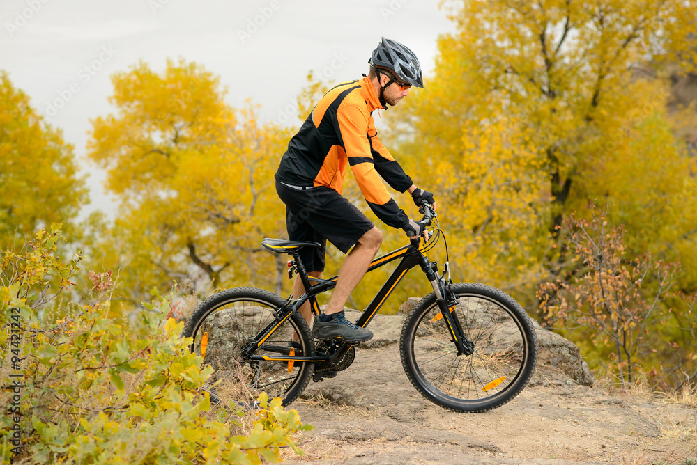 Fototapeta premium Cyclist Riding Bike on the Beautiful Autumn Mountain Trail