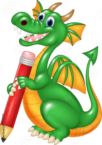Cute dragon holding red pencil isolated on white background