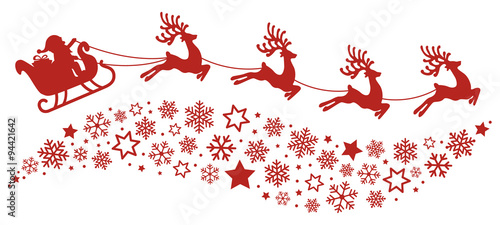 santa sleigh reindeer flying snowflakes red silhouette