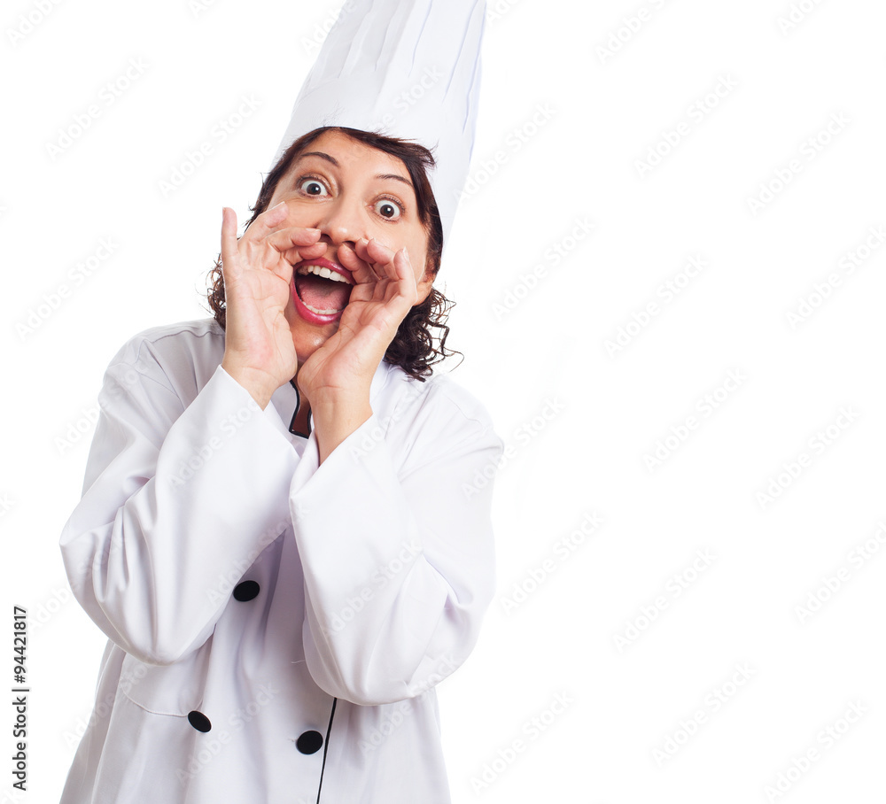 portrait of a mature cook woman screaming on a white background portrait of a mature cook woman screaming on a white background