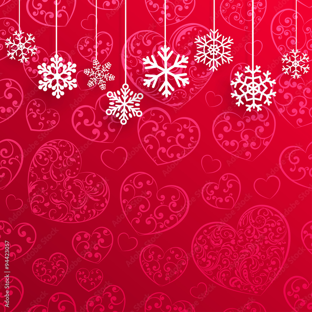 Fototapeta Christmas background with hanging snowflakes on background of he