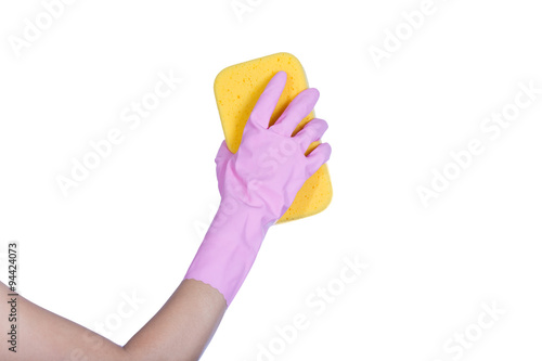 woman hand in glove with sponge on white background