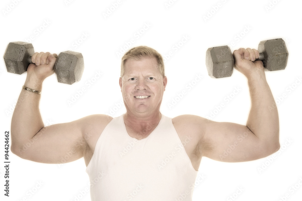 man in white tank top flex with two weights man in white tank top flex with two weights