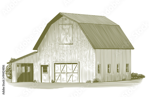 Engraved-style illustration of an old barn.