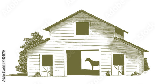 Engraved-style illustration of a horse stable with the silhouette of a horse inside the barn.