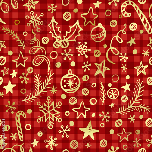 Cgristmas checkered seamless pattern with golden decoration. Vector illustration