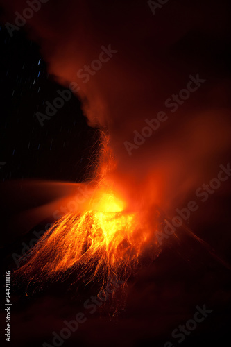 A powerful volcano erupting with fiery lava and geothermal energy, creating a hellish blast of destruction.