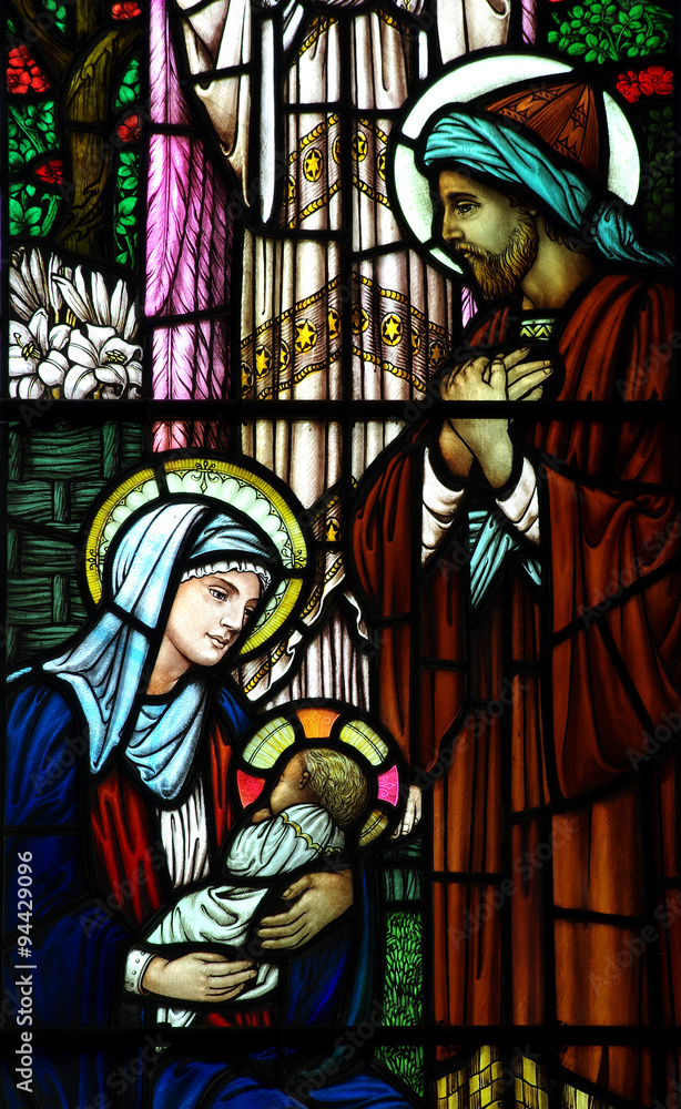 Mary, Jesus and Joseph (nativity) in stained glass