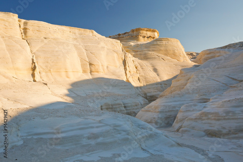 Rock formations of eroded volcanic rocks nearby Sarakiniko beach in the north of Milos island.