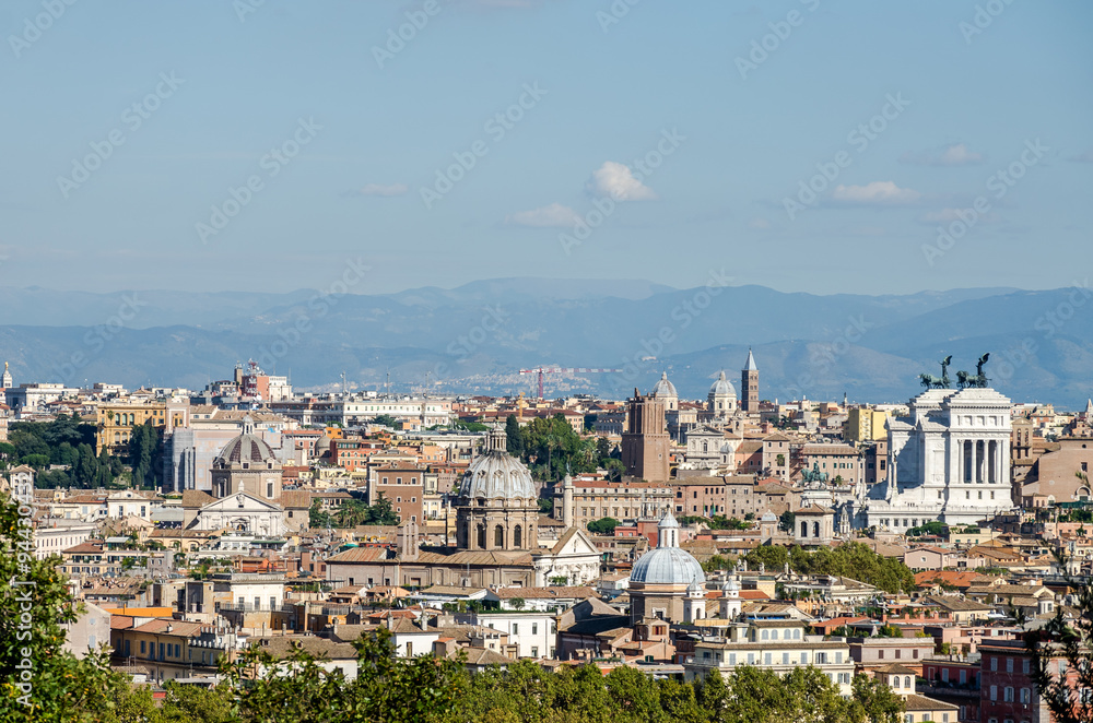 Panoramic view of the city of Rome Italy with the observation platform on the hill near the monument to Garibaldi