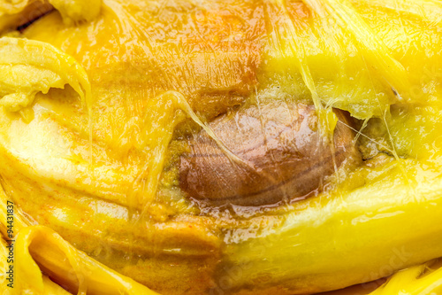 Close up shot showcasing the intricate details of a breadfruit pulp seed at its center offering a glimpse into the botanical characteristics of this tropical fruit
