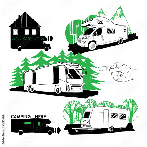 set of different motorhomes and points camping