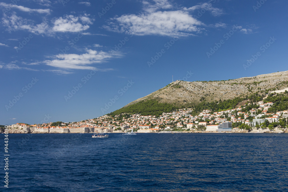 View of city of Dubrovnik and Mount Srd from the sea in Dubrovnik, Croatia. Copy space.