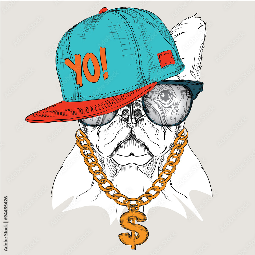 The poster with the image dog portrait in hip-hop hat. Vector illustration. - obrazy, fototapety, plakaty 