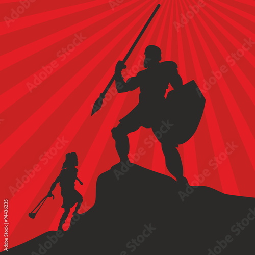 David and Goliath. Silhouette, hand drawn
