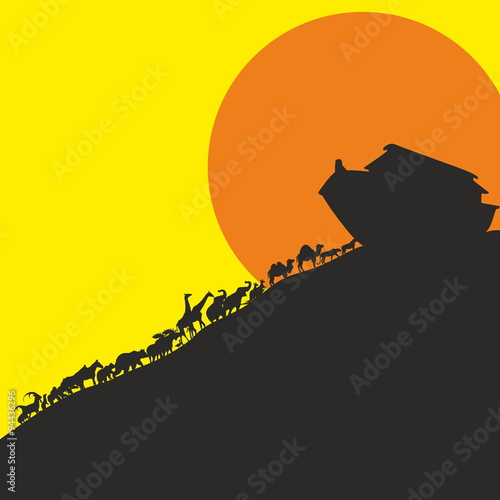 Noah and the ark and the animals. Silhouette, hand drawn