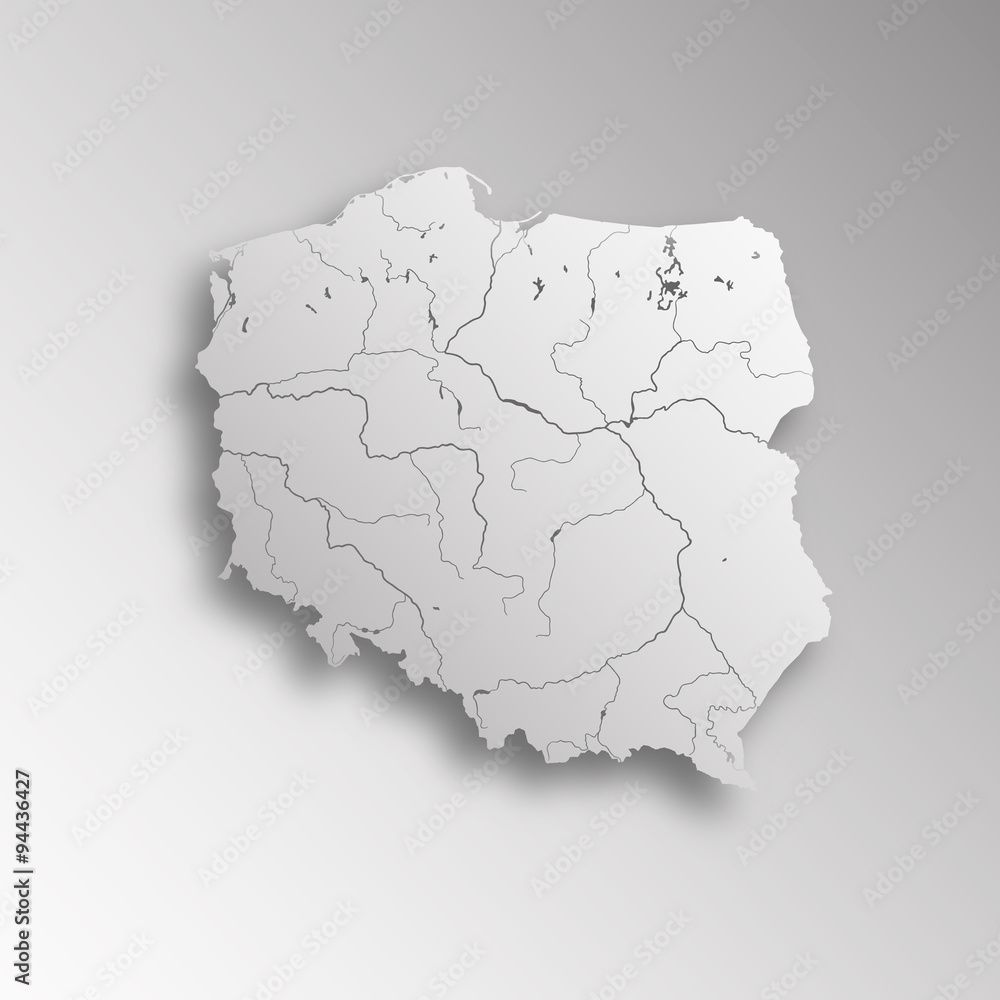 Very detailed map of Poland with paper cut effect. Rivers are shown.