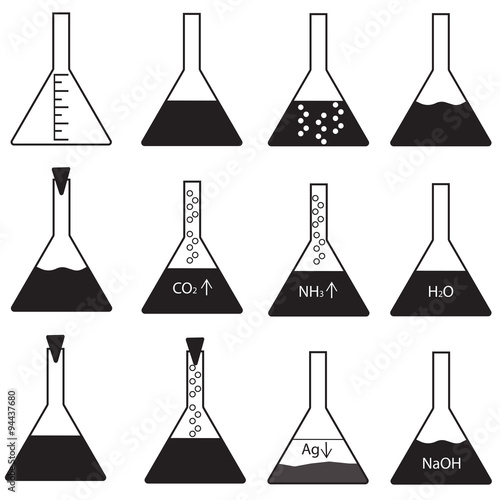 Vector set of conical flasks with different contents could be in black and white