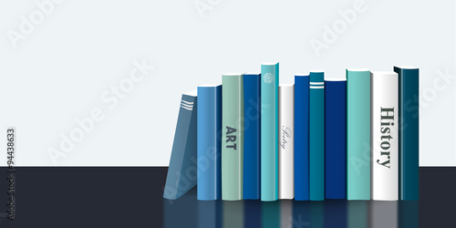 Book shelf. Realistic 3D Vector illustration. Blue design. Bookstore indoor.
