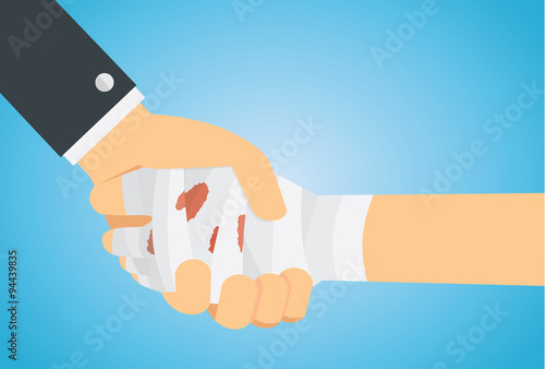 Check hand of hand has first aid with bandage and hand of business . This illustration meaning to personal insurance accident coverage