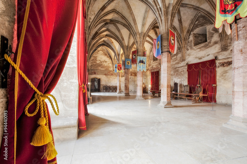 A majestic medieval interior room in Hunyad Castle, with a grand pillar and royal decor fit for a knight's ball at Corvinesti Castle. © Ammit