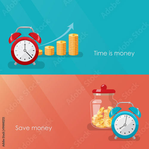 Time is money and save money concept. Business and financial services. Vector flat Illustration.