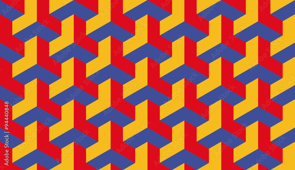 Seamless bauhaus red blue and yellow op art trilateral hexagonal pattern vector Seamless bauhaus red blue and yellow op art trilateral hexagonal pattern vector