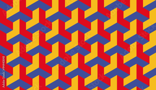 Seamless bauhaus red blue and yellow op art trilateral hexagonal pattern vector