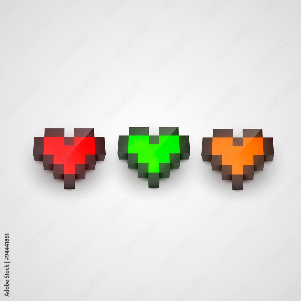 Obraz premium Colorful pixel isometric hearts. Clean vector