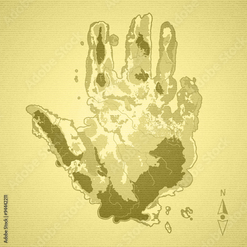 Island map in the shape of palm hand on paper