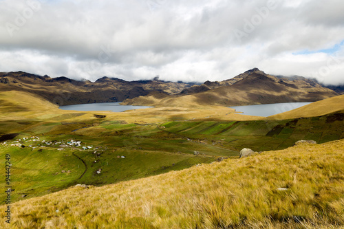A serene view of the Ozogoche lagoons in Sangay National Park, Ecuador, calm lakes among golden-green paramo hills and distant mountains under a cloudy sky, a tranquil highland scene.