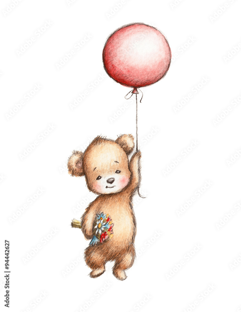 Naklejka premium Teddy Bear with Red Balloon and Flowers