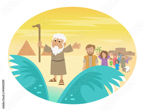 Moses Splitting The Sea - Cute cartoon of Moses splitting the red sea with the Israelite leaving Egypt. Eps10