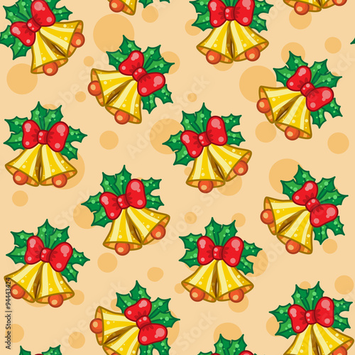 Seamless pattern of Christmas bells with leafs