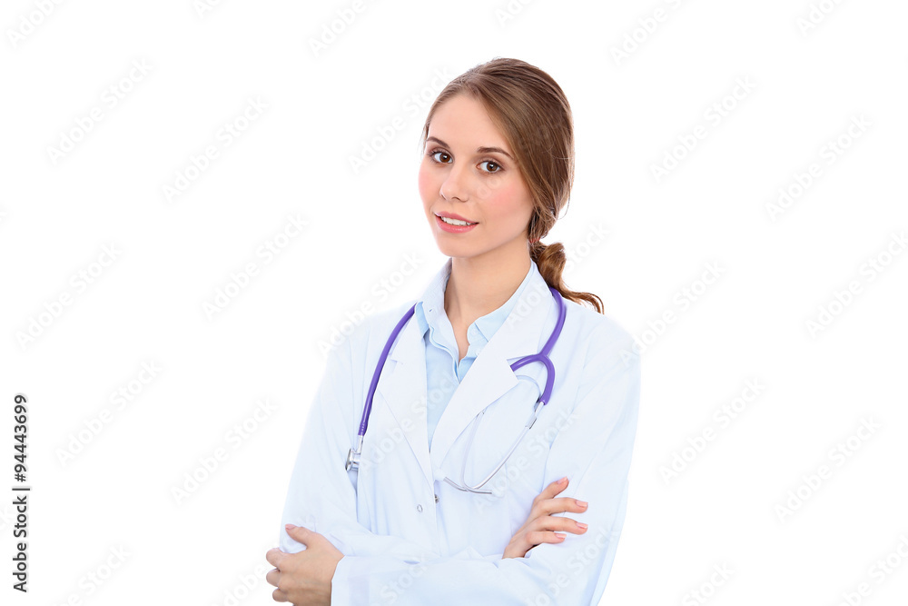 Friendly smiling young female doctor, isolated over white background Friendly smiling young female doctor, isolated over white background