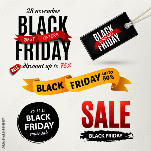 Black friday sale design elements. Black friday sale inscription labels, stickers. Vector illustration