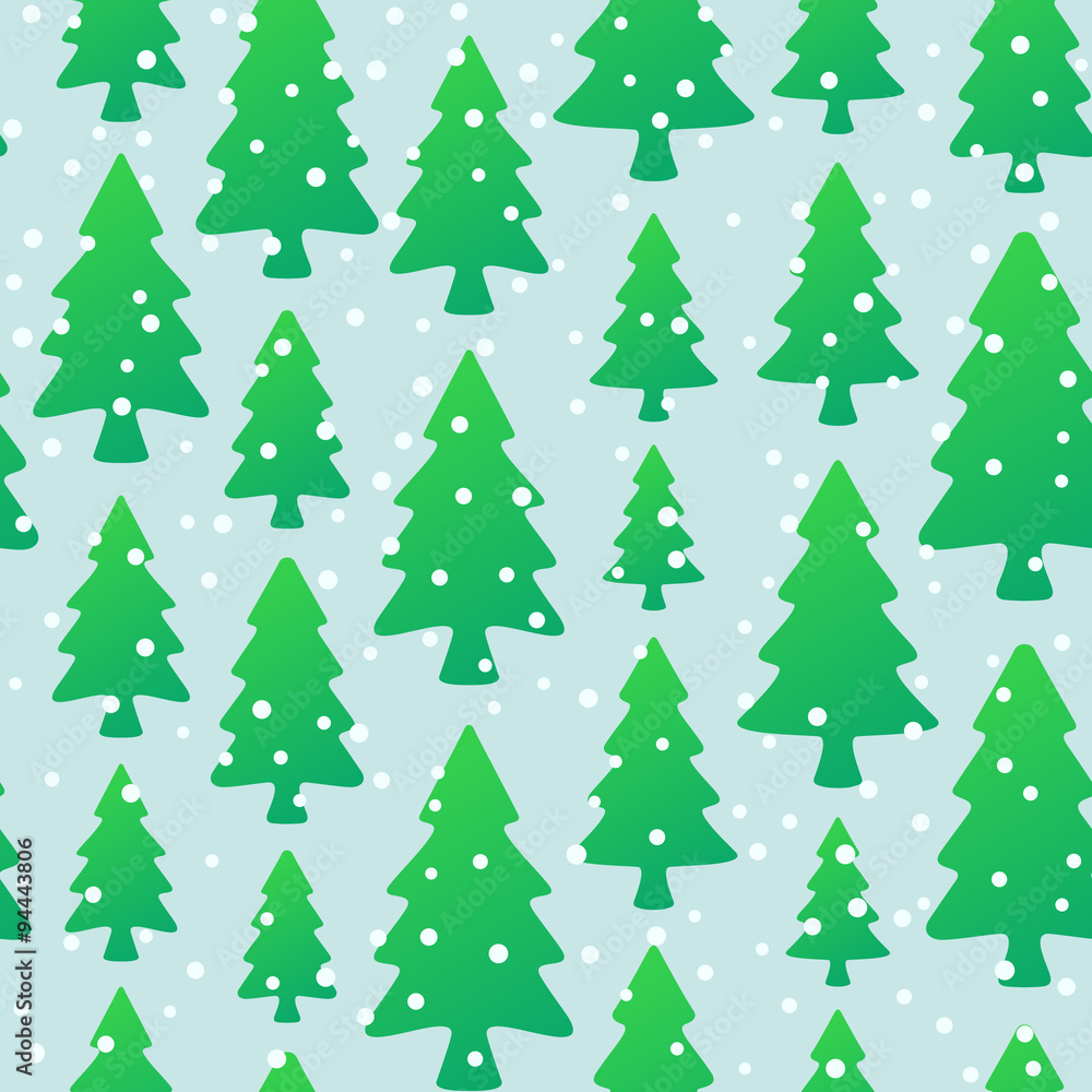Seamless pattern with green trees and snowflakes