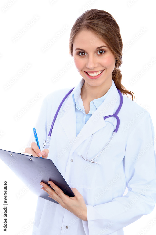 Friendly smiling young female doctor, isolated over white background Friendly smiling young female doctor, isolated over white background
