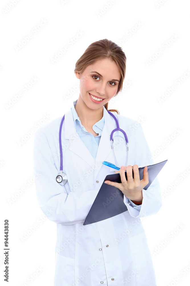 Friendly smiling young female doctor, isolated over white background Friendly smiling young female doctor, isolated over white background