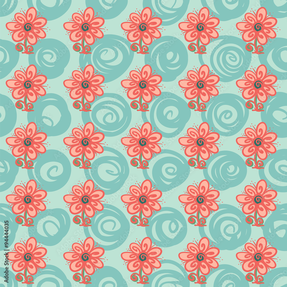 Seamless pattern with flowers and swirls on green