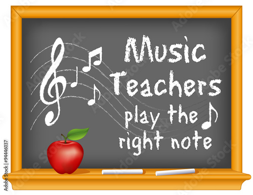 Music Teachers  play the right note, musical notes, treble clef on staff, wood frame blackboard with sticks of chalk and apple.